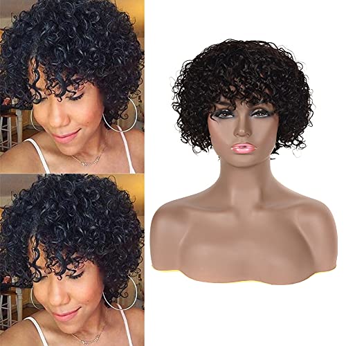 Baby Young Hair Short Kinky Curly Human Hair Wigs for Black Women Curly Hair Wig With Bangs Short Curly Human Hair Wig for Women (Short kinky curly wig）
