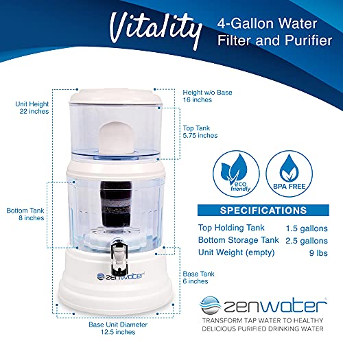 ZENWATER 4-Gallon Countertop Gravity Water Filter System - Portable Alkaline Filtration System - Enjoy Clean and Mineral-Rich Hydration at Home, Office, or Travel