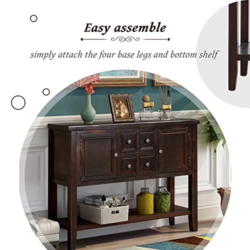 Knocbel Vintage Wood Console Table Buffet Sideboard With 4 Storage Drawers, 2 Cabinets & Bottom Shelf, Entryway Hallway Foyer Table Cupboard Coffee Bar Cabinet, 46" L X 15" W X 34" H (Espresso) #TOP5