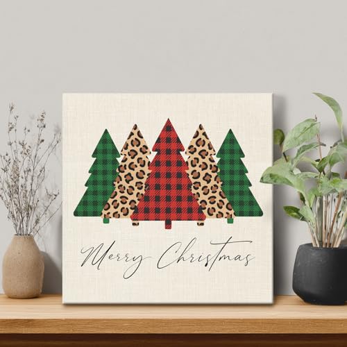 Christmas Canvas Wall Art Winter Tree Leopard Print Linen Oil