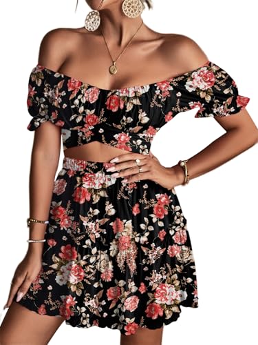 LYANER Women's 2 Piece Outfits Floral Off Shoulder Tie Up Crop Top and Mini Skirt Set3