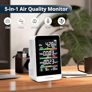 5-in-1 Luftqualitätsmonitor für den Innenbereich -Luftverschmutzungsmonitor mit CO2, HCHO, TVOC, Temperatur und Luftfeuchtigkeit, Echtzeit-Datenaufzeichnung,Kompakt Tragbar
