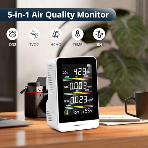 5-in-1 Luftqualitätsmonitor für den Innenbereich -Luftverschmutzungsmonitor mit CO2, HCHO, TVOC, Temperatur und Luftfeuchtigkeit, Echtzeit-Datenaufzeichnung,Kompakt Tragbar