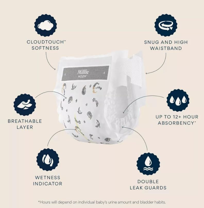 Millie Moon Overnight Diapers(Size-5 and count-50) Diaper Weight Range: 28 to 43 lbs