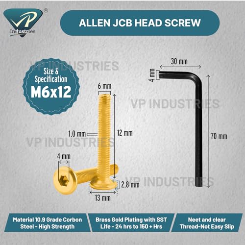 Image of Rely⇒VP INDUSTRIES (Pcs-25) M6x12 mm JCB Allen Head Furniture Screw Fastener Bolts | Furniture Bolt Crib Bunk Bed Furniture Cot, Barrel Bolt | Allen JCB Screw High Tensile Alloy Steel 10.9 Grad