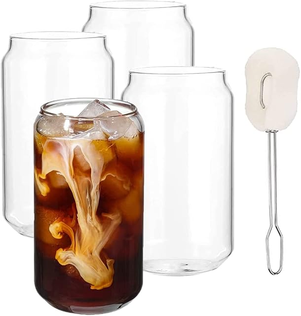 ALINK 4 PCS Large Beer Glasses, 20 oz Pint Dink Glasses Can Shaped Tumbler Cup for Boba Tea Iced Coffee, Soda, 1 Sponge Brush