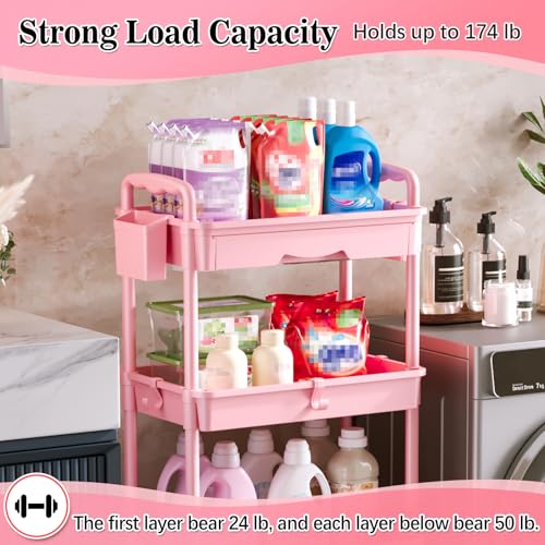 Image of SUNALLY 4 Tier Rolling Utility Cart with Drawer, Storage Organizer Cart with 2 Lockable Wheels, Multifunctional Rolling Storage Cart for Bathroom, Kitchen, Craft, Makeup, Baby Essentials, Pink
