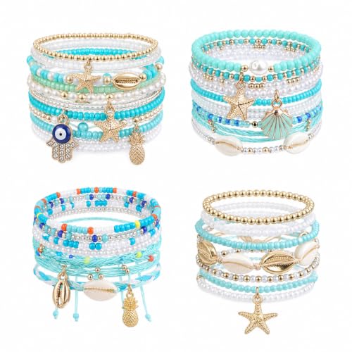 Image of Junkin 22 Pcs 4 Sets Multilayer Beach Anklet Bracelets for Women Boho Bead Seashell Anklets Girls Trip Gift Hawaiian Beach Seashell Starfish Ocean Foot Nautical Jewelry Gifts
