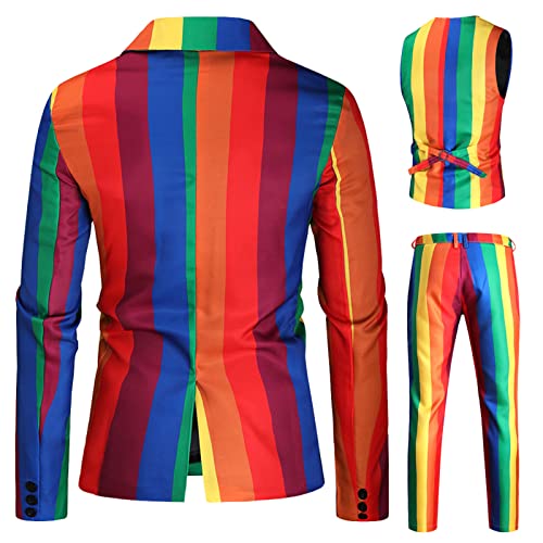 Men's Slim Fit Suit Set One Button 3-Piece Blazer Dress Fashion Colorful Striped Wedding Prom Party Jacket Vest Pants (Multicolor,3X-Large) #TOP1