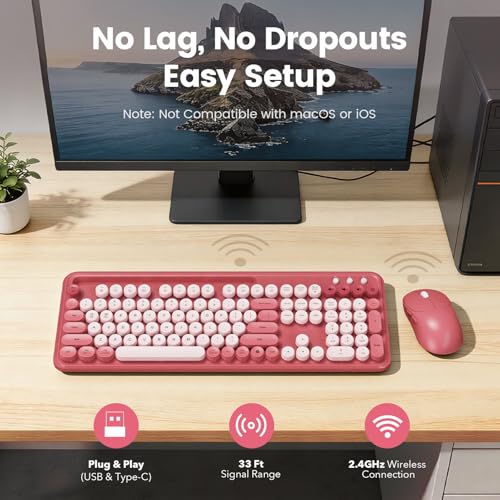 Image of Wireless Keyboard and Mouse Combo, Retro Round Keycaps, Full-Size Stylish Typewriter Keyboard with Large Phone /Tablet Holder, 3-Level DPI Ergonomic Mouse, 2.4GHz Cordless for Windows PC, Rose Pink