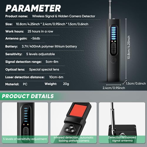SINBEN Hidden Camera Detectors and Bug Detector, 2024 Anti-Spy Camera Finder Detector, GPS Hidden Camera Detector, Tracking Device Detector, Camera Detector for Hotels, Home, Office (Black) - Thumbnail 6