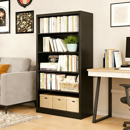 Image of 55 inch Tall Black Bookcase, 5 Tier Metal Bookshelf with Adjustable Shelves, Modern Deep Bookcase for Living Room, Home Office, Library