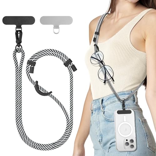 Image of SURPHY Phone Lanyard Crossbody, Phone Strap Crossbody with 2 Tether Tabs | Adjustable Cell Phone Lanyard, Anti Theft Phone Strap, Premium Metal Buckles, Universal Lanyard for Travel, Black & White