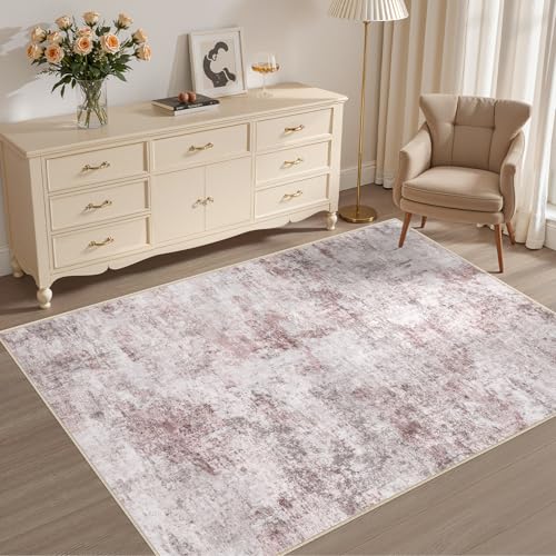 4x6 Area Rug Living Room Rugs - Washable Neutral Modern Abstract Soft Thin Large Rug Indoor Floor No Slip Rug Carpet for Bedroom Under Dining Table Home Office Decor - Pink Grey