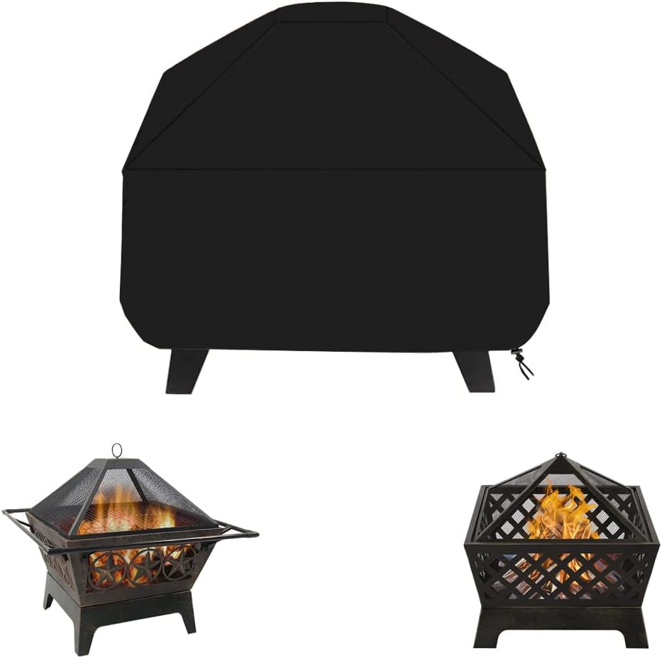 Universal Square Fire Pit Cover 27x27x31.5 Inch Outdoor Waterproof Heavy Duty Firepit Cover Fireplace Accessories Patio Furniture Protective Cover with Adjustable Drawstring