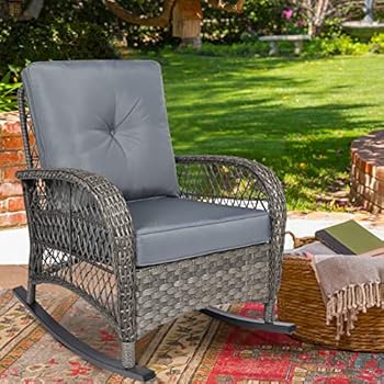 Alternative view of MEETWARM Outdoor Wicker Rocking Chair, Rattan Patio Rocker Chairs with Cushions and Steel Frame - Gray
