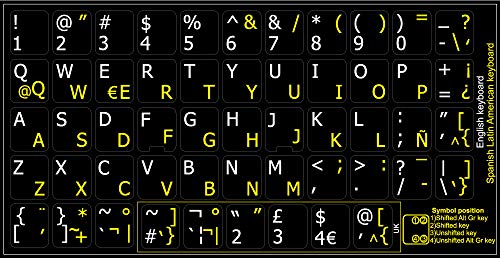 Spanish (Latin American) - English New Non-Transparent Keyboard Labels Black Background for Desktop, Laptop and Notebook
