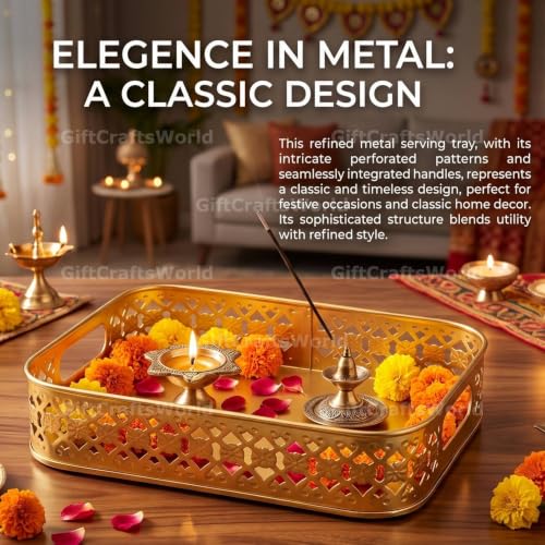 Image of Multipurpose Metal Basket For Gift Hamper, Pooja Temple Storage With Sturdy Handle, Decorative Flower Organizer & Versatile Puja Utility Accessories Home Decoration (Square Tray)