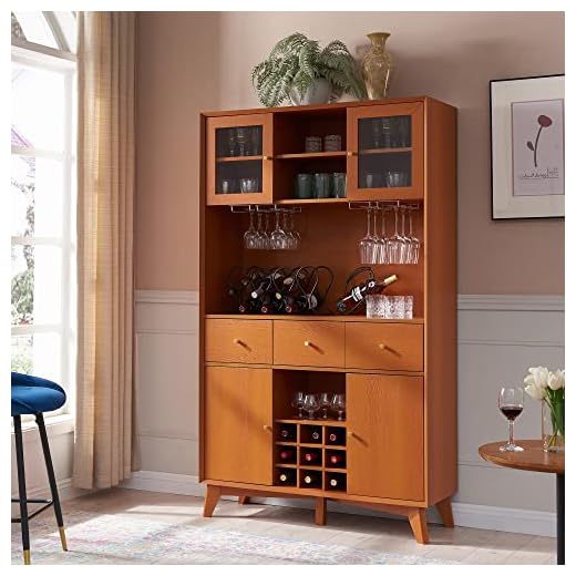OKD Bar Cabinet, Mid Century Modern Kitchen Hutch Storage Cabinet with Wine and Glass Rack, Storage Shelves, and Drawers, Buffet Sideboard Cabinet for Home Kitchen, Dining Room, Cherry