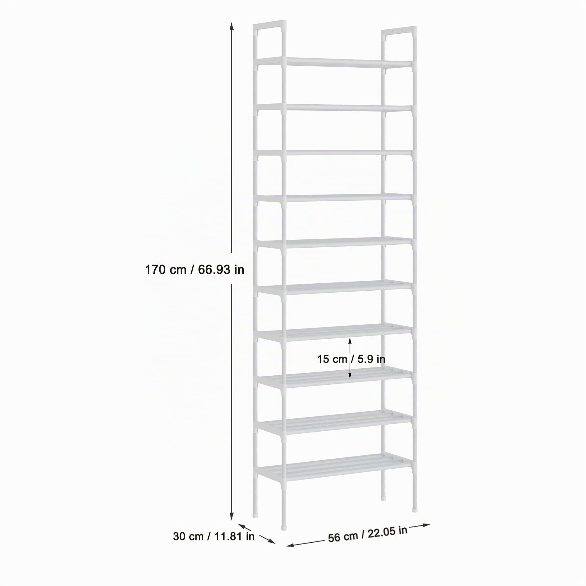 S-528 10 Ebenen Stöckiges Weiß Verstellbare Schuhablagen Schuhaufbewahrung Hohes Schuhregal Organizer Regal Halteständer für 30 Paar Schuhe, 56 x 30 x 170 cm, Robuste Bauweise