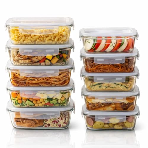 Kit 10 Potes de Vidro Herméticos Yab Borossilicato 640ml e 1050ml Tampa com Trava Vedação Resistente Térmico Transparente Para Marmita Freezer Forno