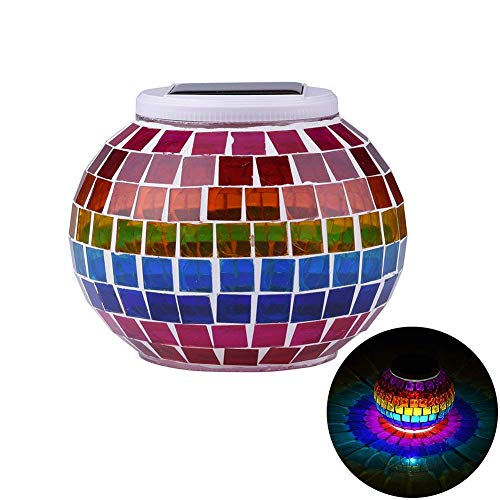 Solar Powered Mosaic Glass Color Changing Table Lamp LED Rechargeable Lamp Crystal Glass Night Light Waterproof Outdoor Table Lights for Home Yard Patio Christmas Party Decorations (Mosaic-Rainbow)