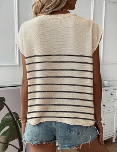 Image of Zeagoo Sleeveless Tops for Women Crew Neck Knit Cute Summer Sweaters Stripes Cream X-Large