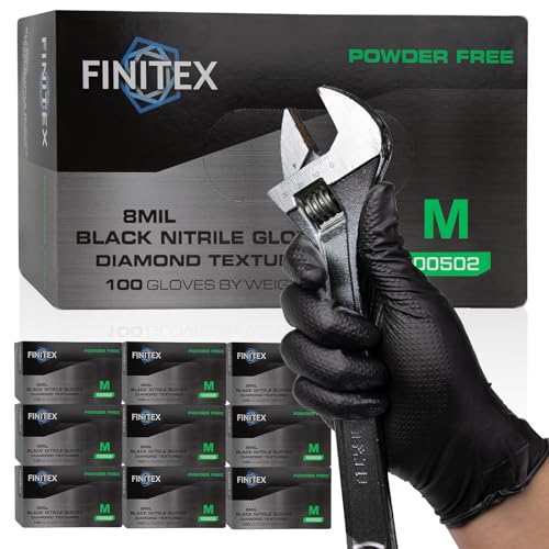Image of FINITEX Industrial Diamond Texture Nitrile Black Glove - 100 /1000PCS Chemical Resistant 8mil Mechanic Disposable Gloves