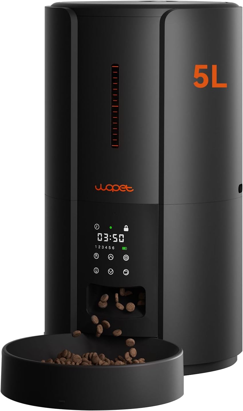 WOPETAutomatic Cat Feeder,5L Automatic Cat Dry Food Dispenser,Timed Cat Feeder 6 Meals Daily with Portion Control,10s Voice Recording with Backup Power