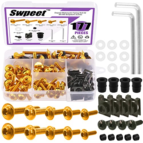 Swpeet Kit surtido de pernos de carenado de motocicleta M5 M6, 177 piezas, 2 tamaños, tornillos para parabrisas de motocicleta, tornillos de fijación, pernos de carenado para todos los modelos y años