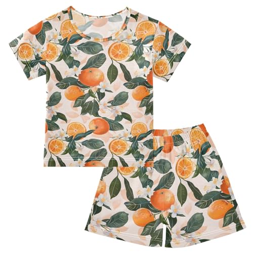 ALAZA Orange White Flower Lemon Watercolor Pajamas Set Short Sleeve Cotton Sleepwear Summer Pjs 2 Piece 5-14Y