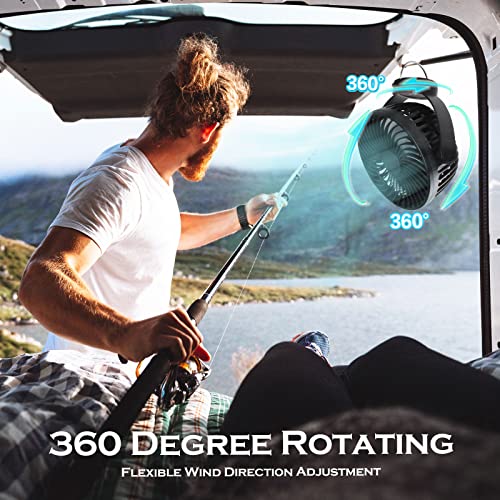 Hianjoo Kinderwagen Ventilator mit LED Leicht, 5200 mAh Kleiner Tischventilator Camping Ventilators mit Hängehaken, 360° Drehung Tragbarer Wiederaufladbar Ventilators - Schwarz