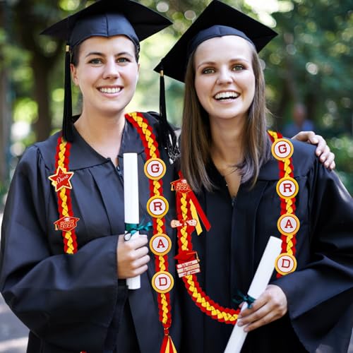 Image of Graduation Leis Class of 2026 Decorations, Handmade Double Braided Graduation Ribbon Leis with Glitter Pins for Him Her High School College Congrats Party Supplies (Red & Gold)