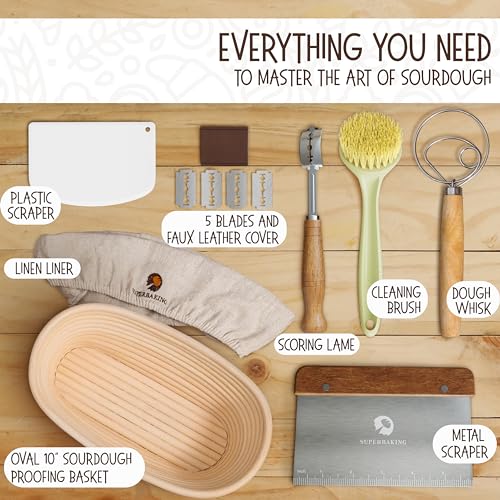 Superbaking 10" Oval Banneton Bread Proofing Basket Gift Set – Sourdough Starter Kit for Crusty Artisan Style Loaves, Includes Essential Bread Baking Supplies & Tools - Ideal Gift for Bakers