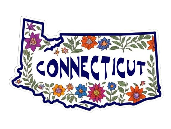 Image of Connecticut State Sticker 5 Inch USA Map Vinyl Decal Waterproof Floral Connecticut Sticker for Car Bumper Laptop Truck Window Wall American State Pride