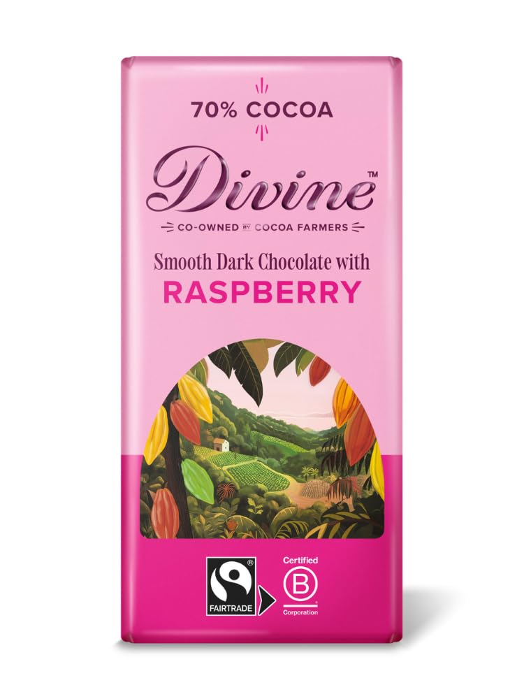 Divine 70% Cocoa Dark Chocolate with Raspberries 90g Bar – Fairtrade Dark Chocolate Bar – Sweet Raspberry Pieces – Ethical Premium Chocolate