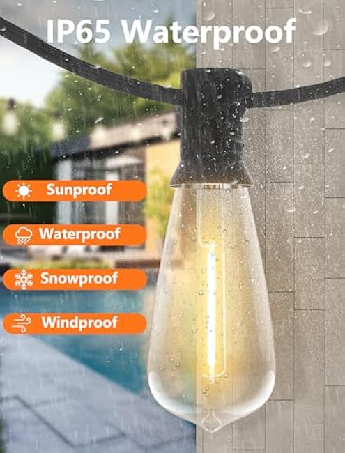 LED Patio String Lights 20Ft with 22 ST40 LED Edison Bulbs, Waterproof Outdoor Hanging Lights for Porch, Deck, Garden, Backyard, E17 Base, 2700K Dimmable, Vintage String Lights- Black Wire