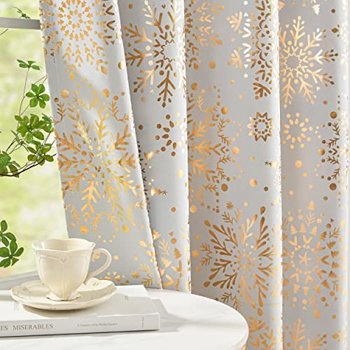 Rideaux occultants blanc or pour chambre et salon avec motif flocon de neige médaillon imprimé thermique pour fenêtre pour Noël 228,6 cm, triple tissage,...