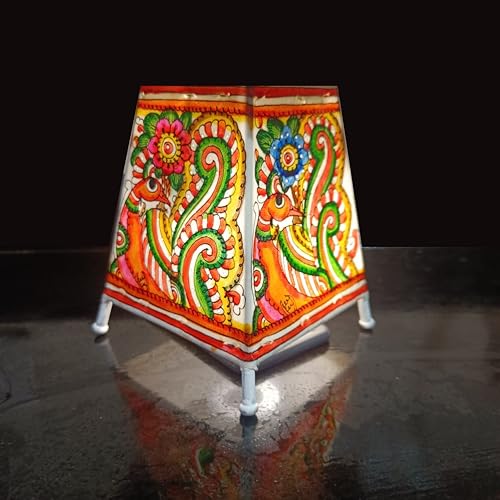 Image of Andhra Leather Craft Lamp Shade, Small (6 inch x 4 inch / Set of 1)-Peacock Design | 2 meter wire with bulb holder and socket included - Handpainted Leather Table Lamp: Tholu Bommalata
