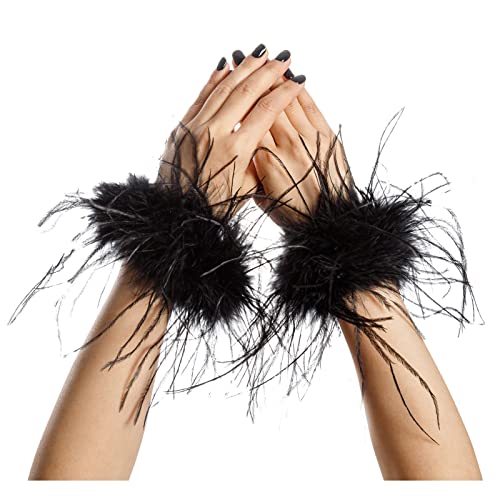 LVCOMEFF Women Ostrich Feather Bracelet Wrist Cuffs Furry for Party Wedding Bride Concert Luxurious