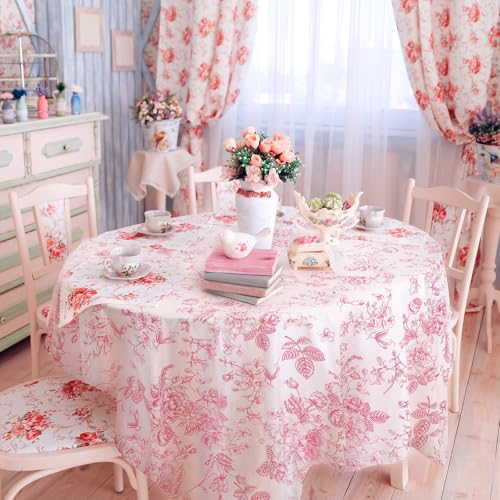 Image of Ganeen 6 Pcs Pink Floral Plastic Tablecloth 84 Inch Round Vintage Floral Tablecloth Disposable Round Flower Waterproof Table Covers for Birthday Wedding Baby Shower Picnic Dinner Party Decoration