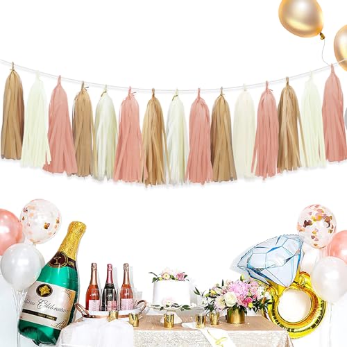 Image of Boho Tassel Garland for Bridal Shower Baby Shower Decorations, 15pcs | Blush Pink Tassel Garland Party Decor for Brithday Decorations, Cream Khaki and Blush Pink