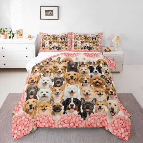 Feelyou Cute Dog Bedding Set Cartoon Animal Comforter Set for Kids Boys Girls Pet Dog Lover Decor Comforter Floral Plants Red Quilt Room 3Pcs Full Size Boys