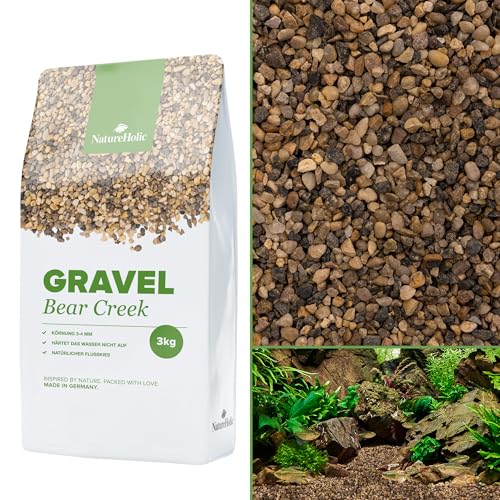 NatureHolic Naturkies Bear Creek | Natürlicher Aquarium Kies | Natürlicher Flusskies für Aquarien mit feiner Körnung 3-4 mm | Perfekt für Naturaquarien, Bodengrund & Deko | 3kg