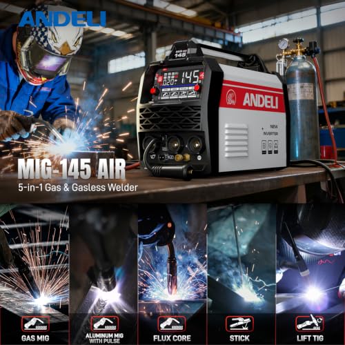 Image of ANDELI Aluminum MIG Welder145A, 4-in-1,110V /220V | Pulse Gas MIG /Lift TIG /Stick, Synergic Control, Large Display, Beginner-Friendly, Portable Welding Kit for DIY Metalworking