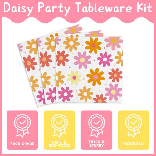 Image of 150pcs Groovy Daisy Birthday Party Paper Plates Napkins Set, Serve 50 Guest