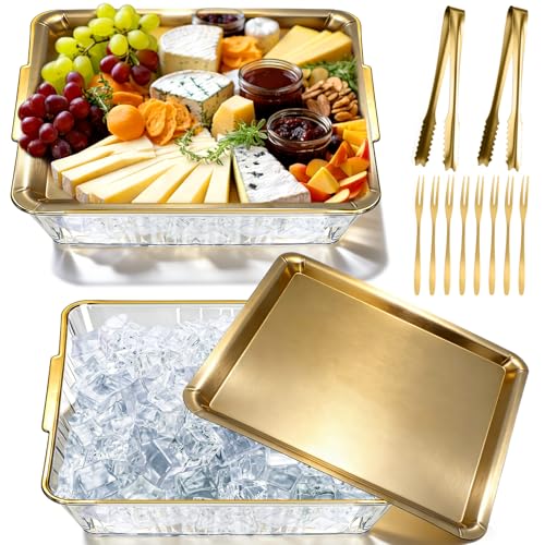 Image of Baderke 2 Sets 11.81" Chilled Serving Tray for Parties Ice Chilled Party Platter Charcuterie Serving Board Cold Dish Dip with Forks Tongs for Fruit Seafood Vegetable Appetizer (Gold)