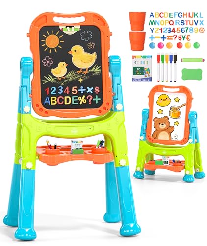 Lehoo Castle Caballete para niños, caballete artístico 4 en 1 de doble cara para niños con pizarra blanca magnética y pizarra de tiza, caballete ajustable para niños pequeños con accesorios de dibujo