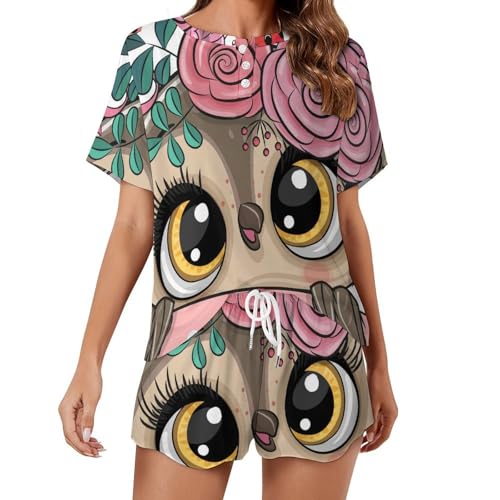 Pyjama femme chouette aux grands yeux avec manches courtes légères d'été
