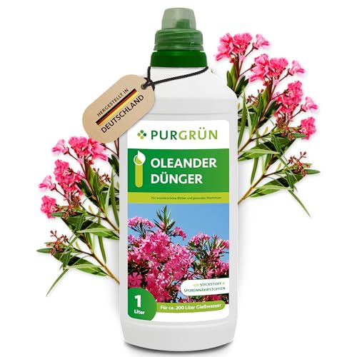 Purgrün® Oleander-Dünger 1 Liter – Prächtige Blüten und gesundes Wachstum – Premium-Flüssigdünger mit Spurennährstoffen – Erhöhte Widerstandskraft dank Kalium – Konzentrat für 200 Liter Gießwasser